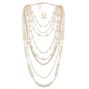 Yellow Chimes Latest Fashion White Pearls Golden Chain MultiLayer Long Pearl Necklace Set With Earrings Jewellery Set for Women & Girls