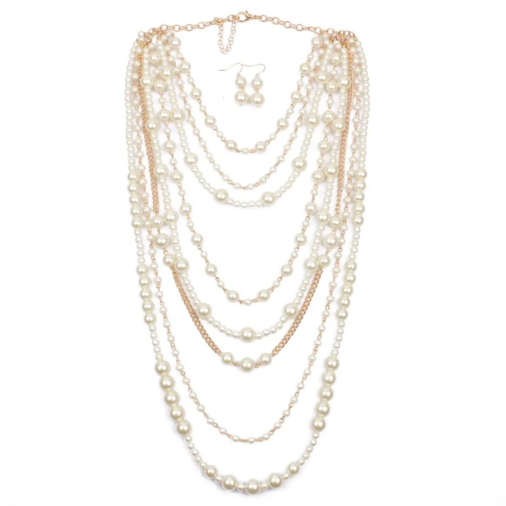 Yellow Chimes Latest Fashion White Pearls Golden Chain MultiLayer Long Pearl Necklace Set With Earrings Jewellery Set for Women & Girls