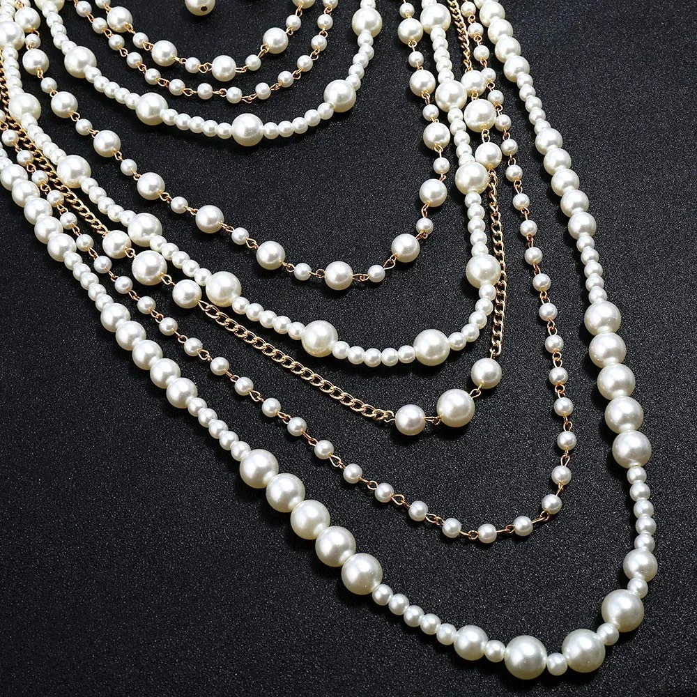 Yellow Chimes Latest Fashion White Pearls Golden Chain MultiLayer Long Pearl Necklace Set With Earrings Jewellery Set for Women & Girls