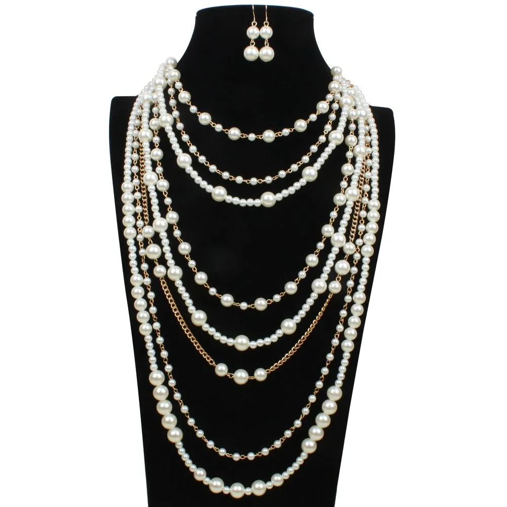 Yellow Chimes Latest Fashion White Pearls Golden Chain MultiLayer Long Pearl Necklace Set With Earrings Jewellery Set for Women & Girls