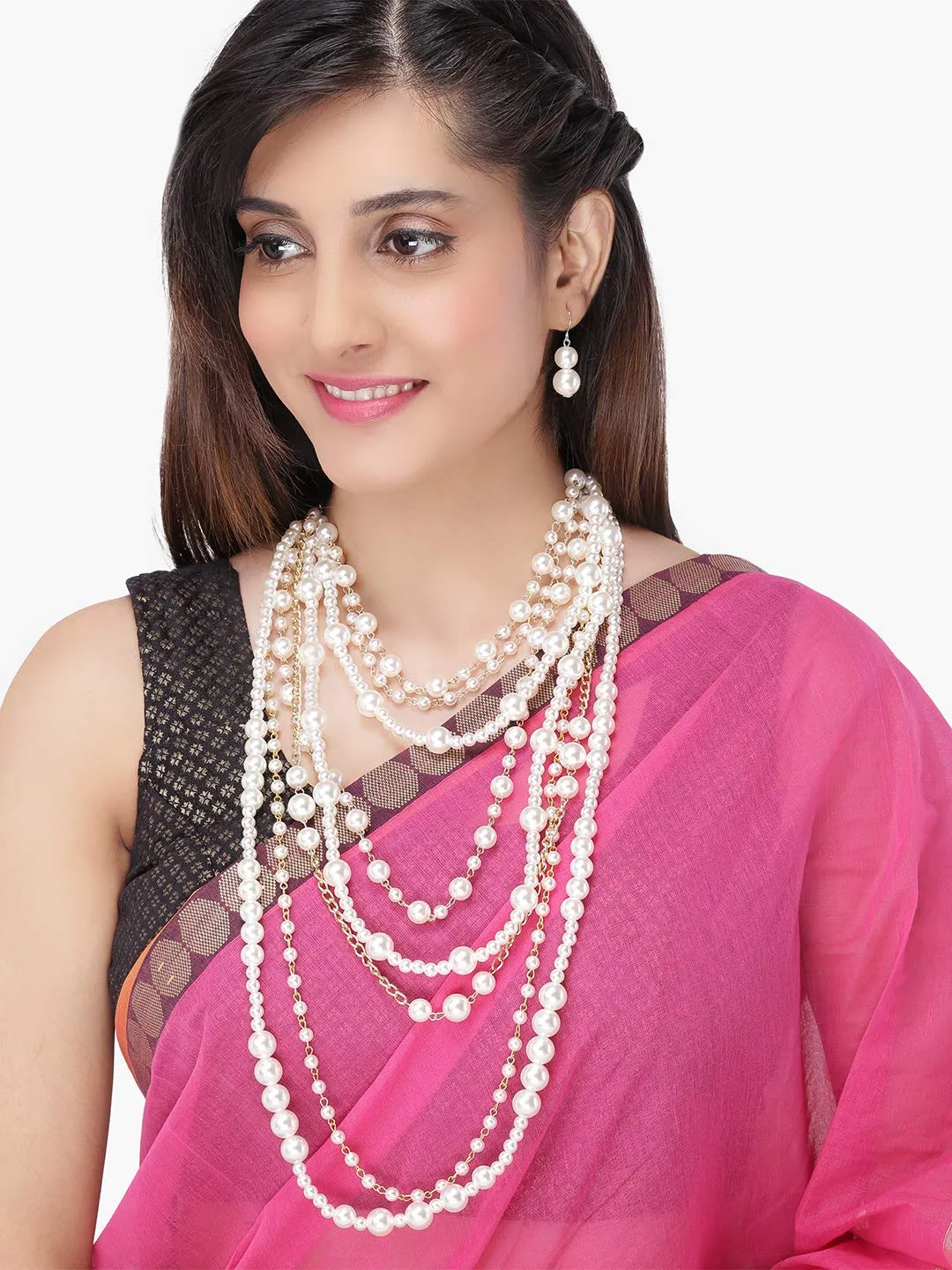 Yellow Chimes Latest Fashion White Pearls Golden Chain MultiLayer Long Pearl Necklace Set With Earrings Jewellery Set for Women & Girls